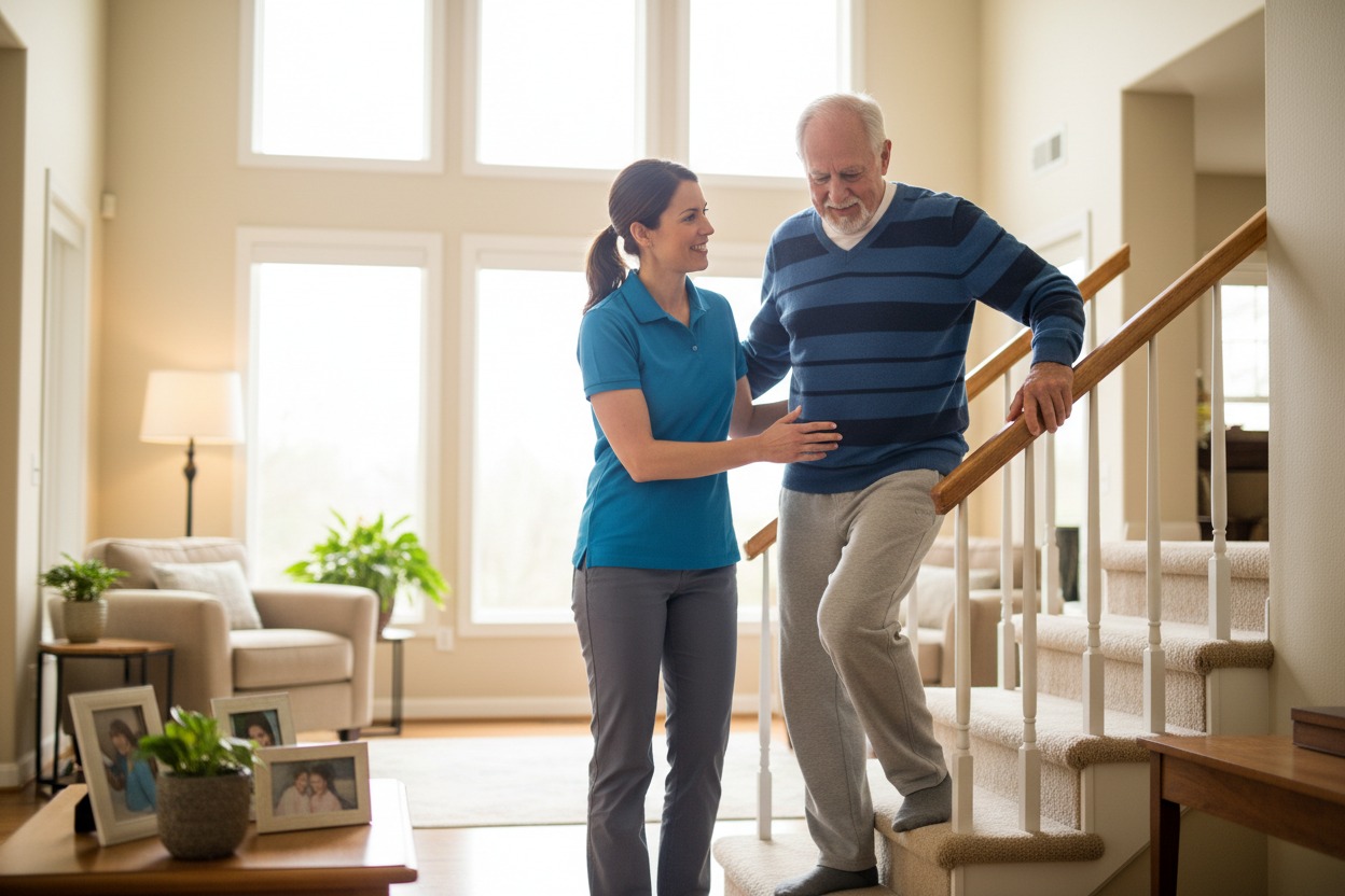 A caregiver in a blue polo shirt assists an elderly man as he walks down the stairs in a bright living room.