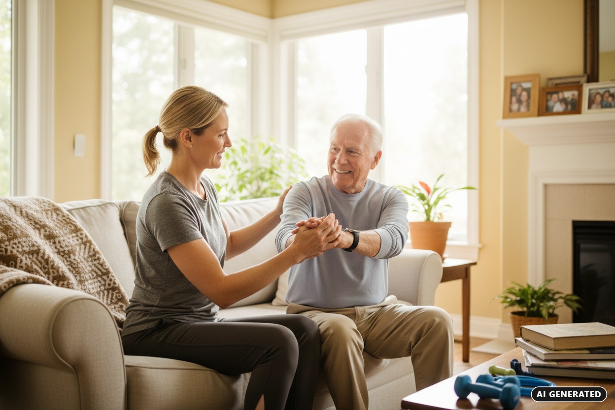 AI Generated: A female caregiver sits on a sofa and holds the hands of an elderly man while they both smile in a bright living room.